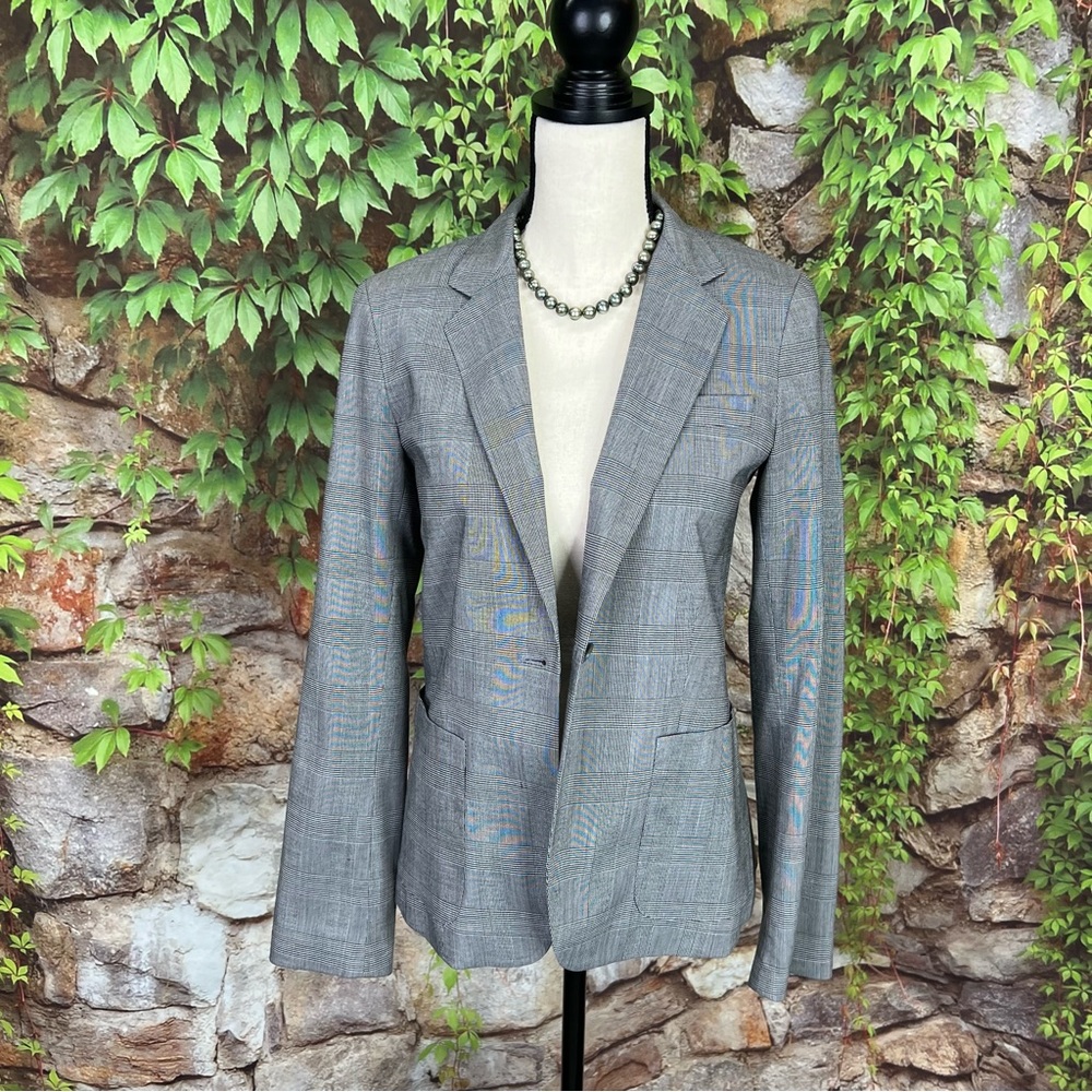 THEORY Minimalist Luxury Classic Gray Plaid Wool Blend Single Button Blazer, M - Picture 4 of 14